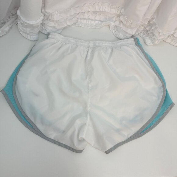 Nike Womens Dri-Fit Running Shorts M White & Aqua Mesh Trim Elastic Waist - Picture 3 of 5